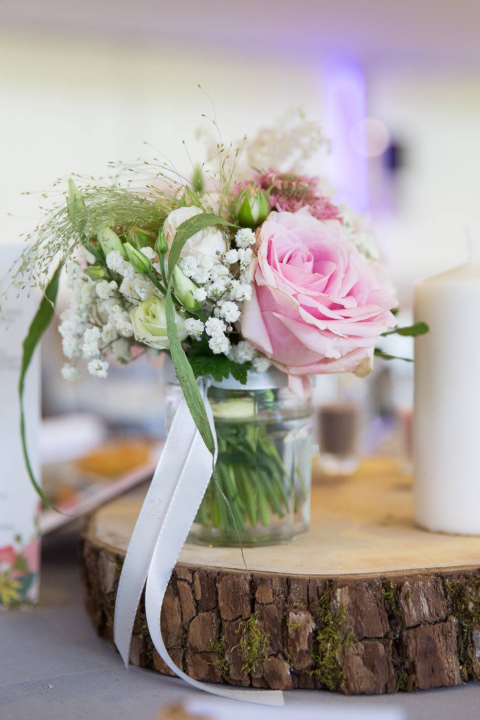 Wedding pink and grey table flowers