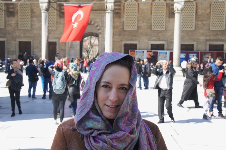 Wearing a head scarf in the Blue Mosque in Istanbul