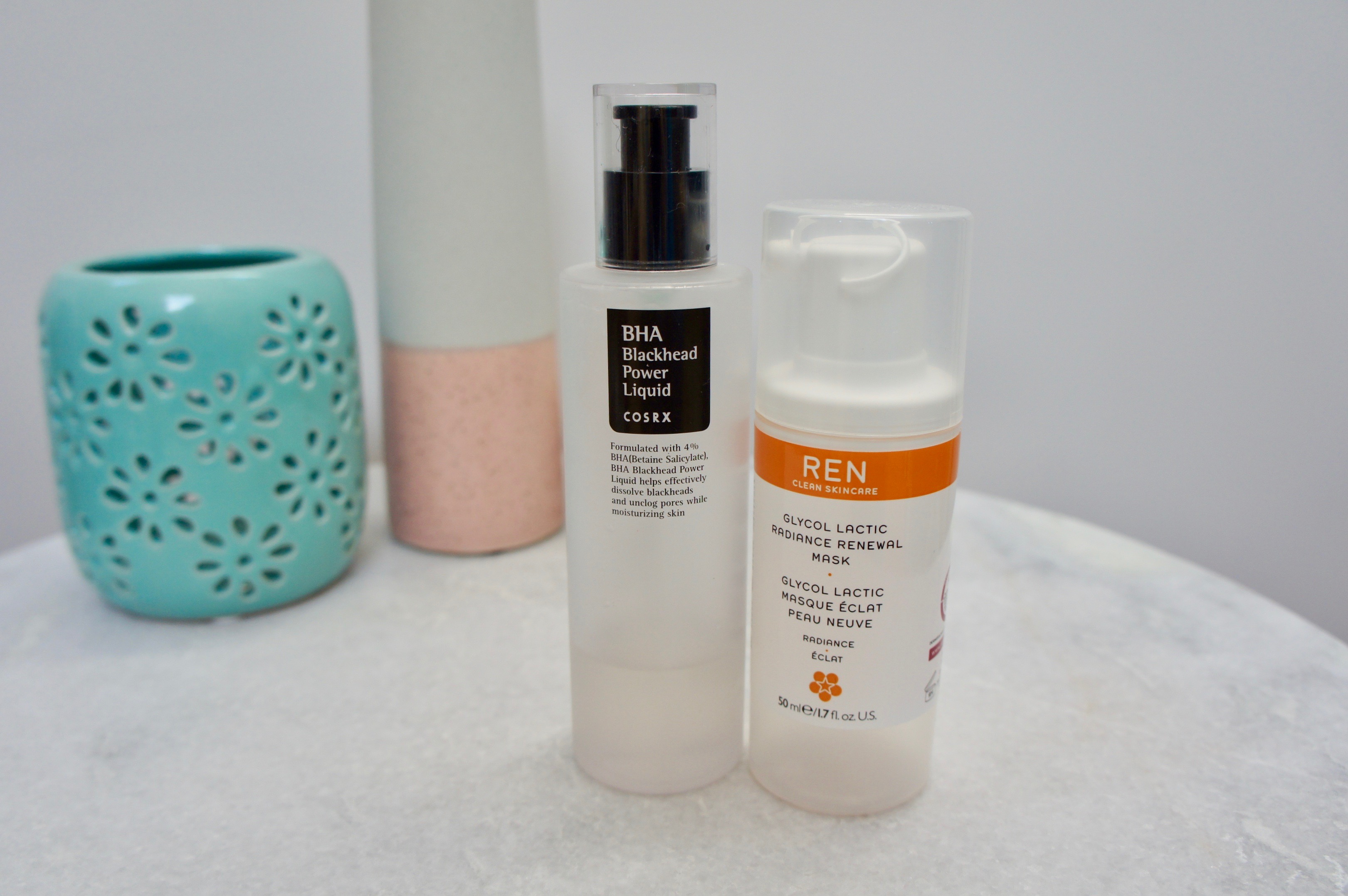 REN Glycol Lactic Radiance Renewal Mask and CosRx BHA Blackhead Power Liquid