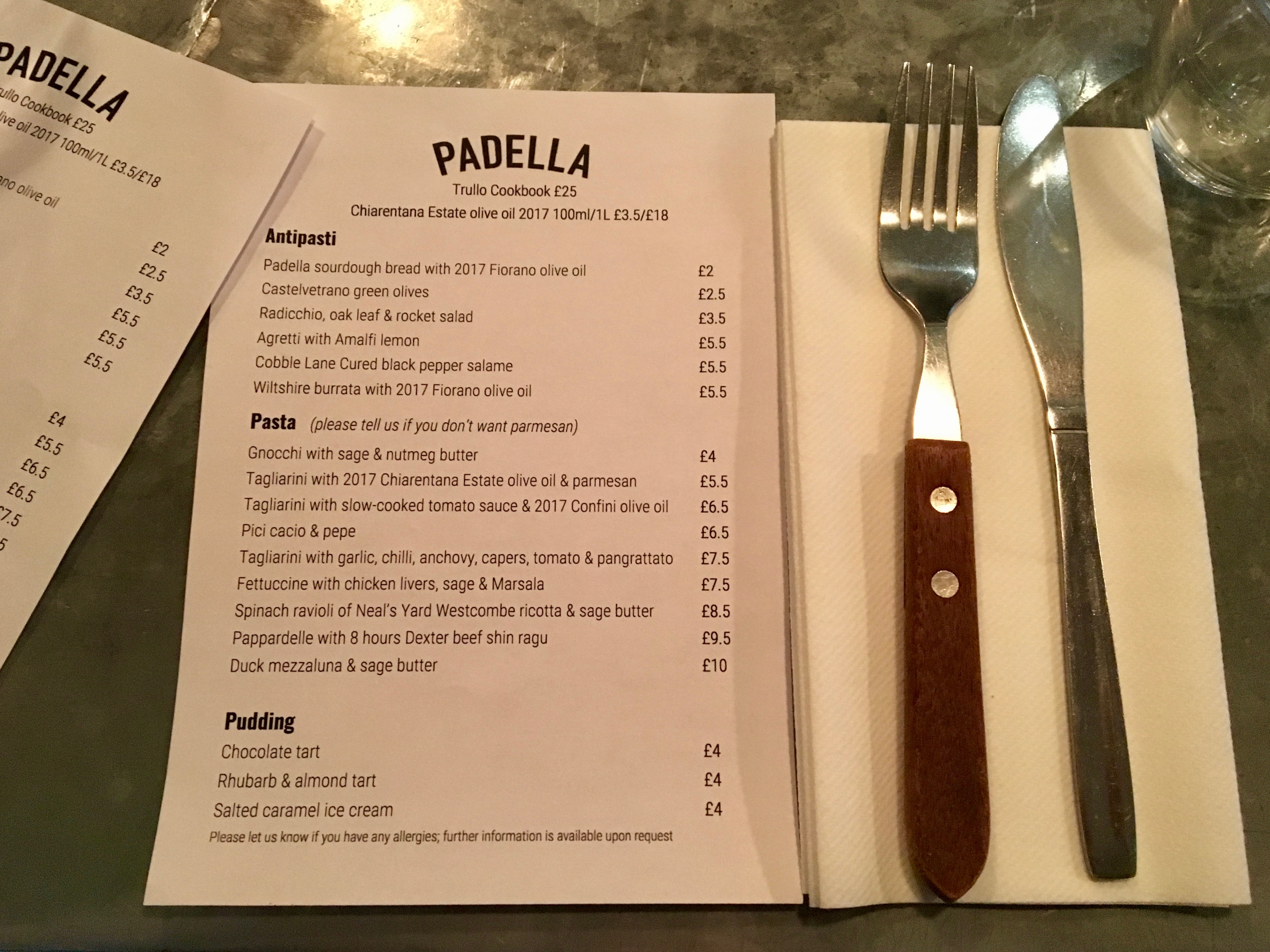 Padella London menu