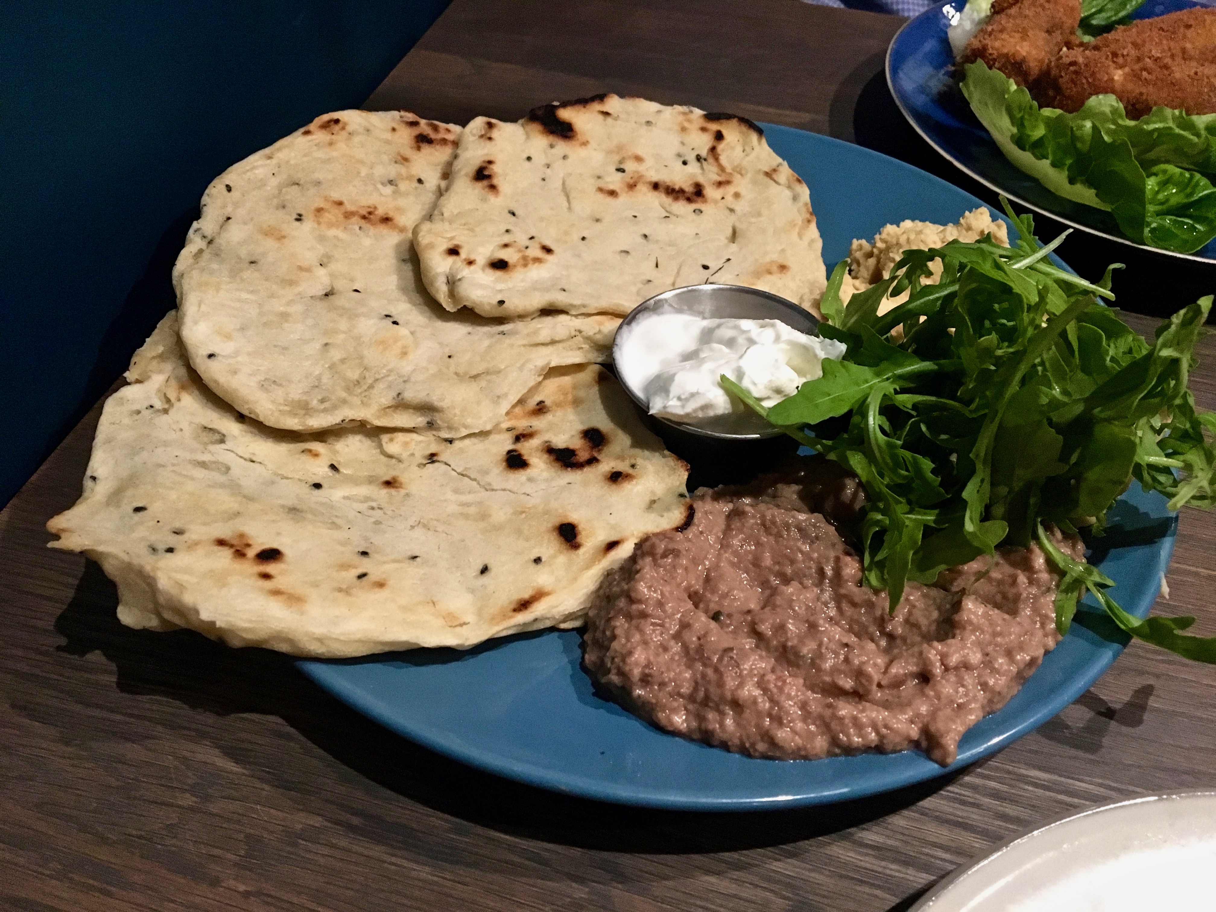 Brieckfields London flat bread with aubergine and chickpea dips