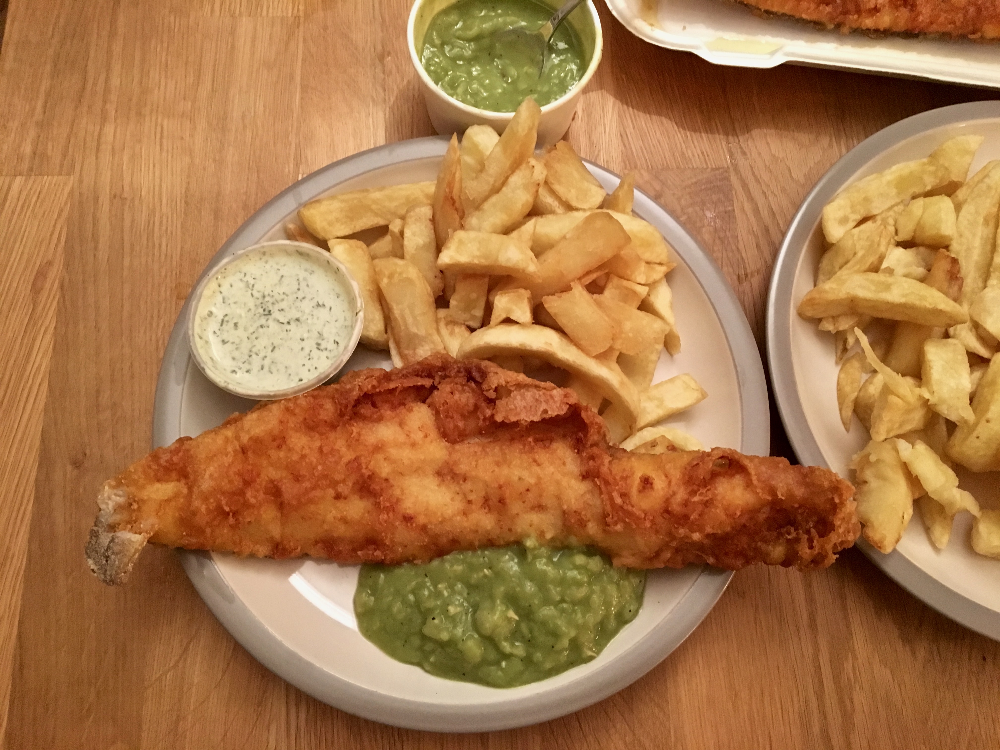 Brockley's Rock fish and chips with tartare sauce and mushy peas