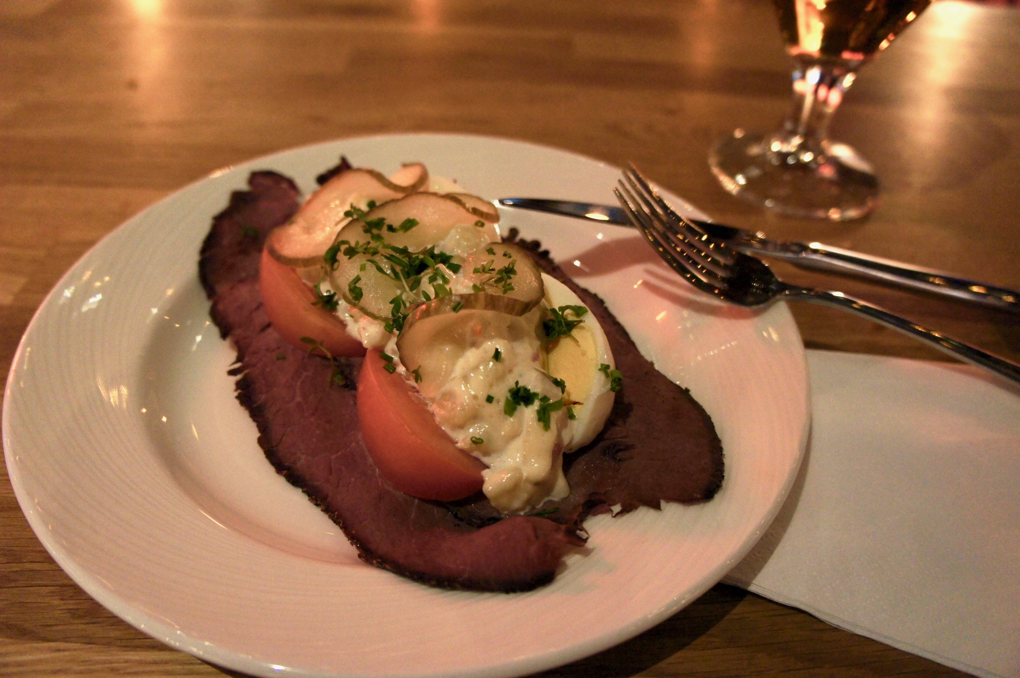 Beef and rye bread sandwich in Hlemmur Matholl Reykjavik, Iceland