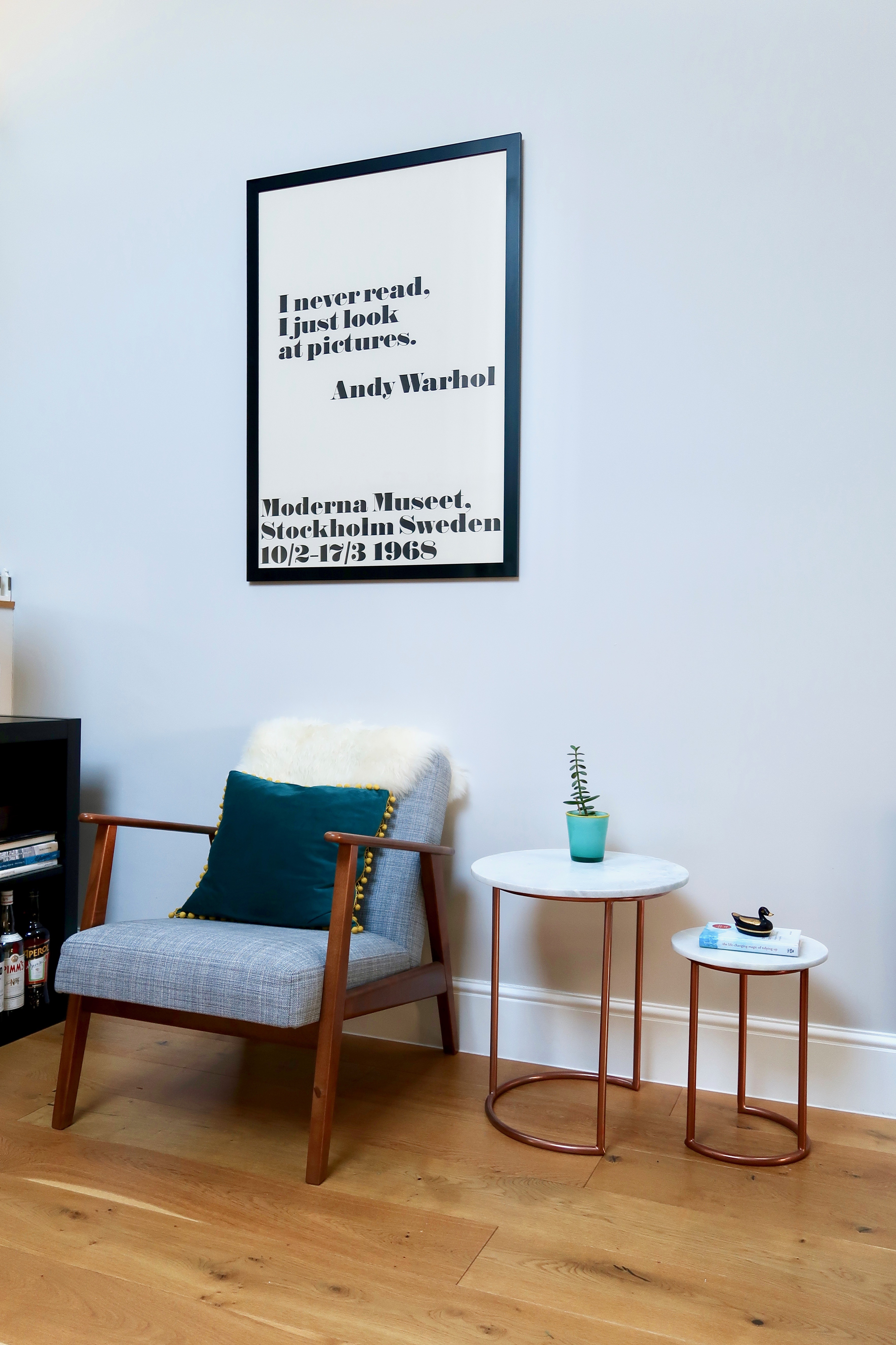 Ikea armchair, Andy Warhol poster, Oliver Bonas marble tables