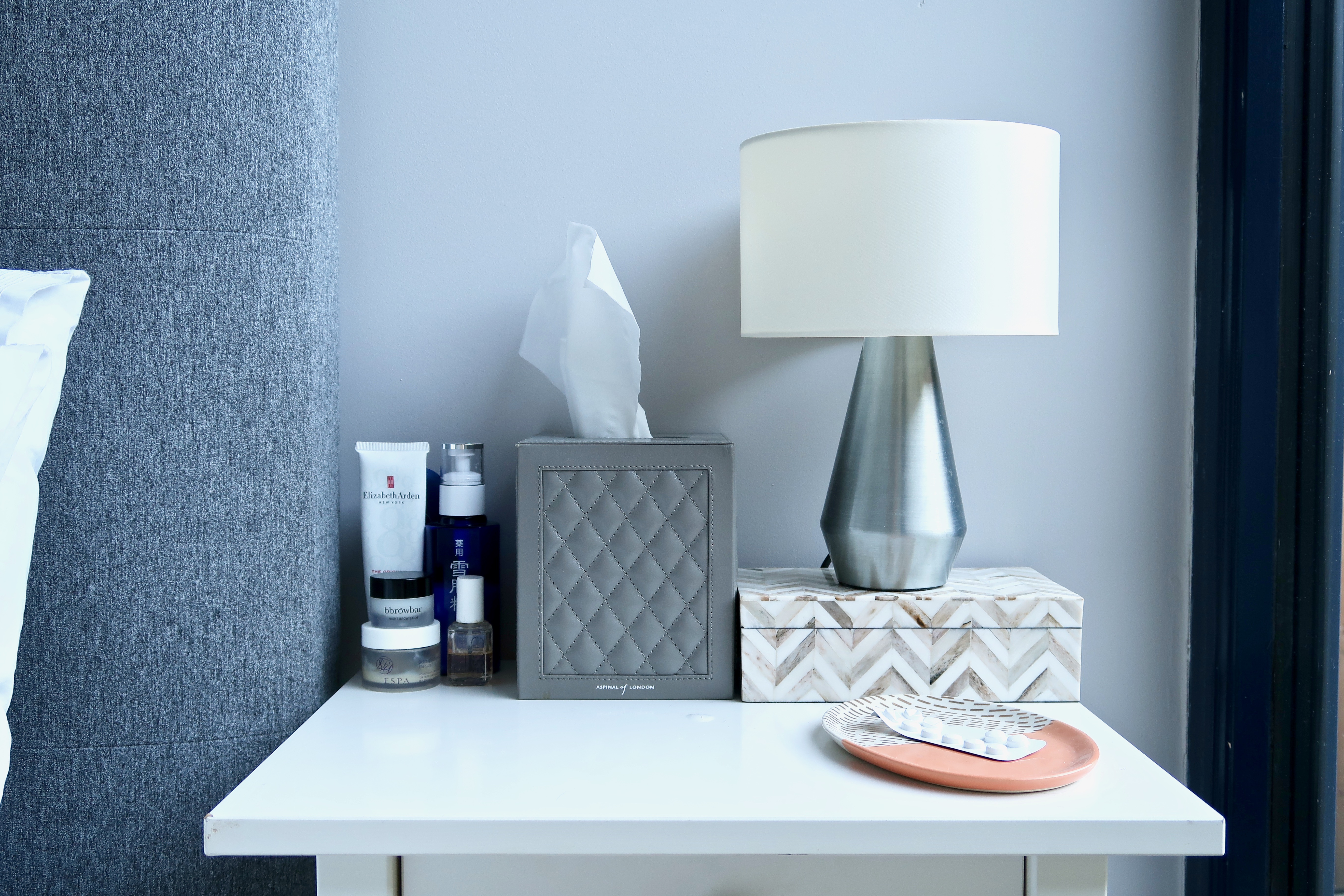Habitat lamp, Aspinal of London tissue box, Oliver Bonas box and tray